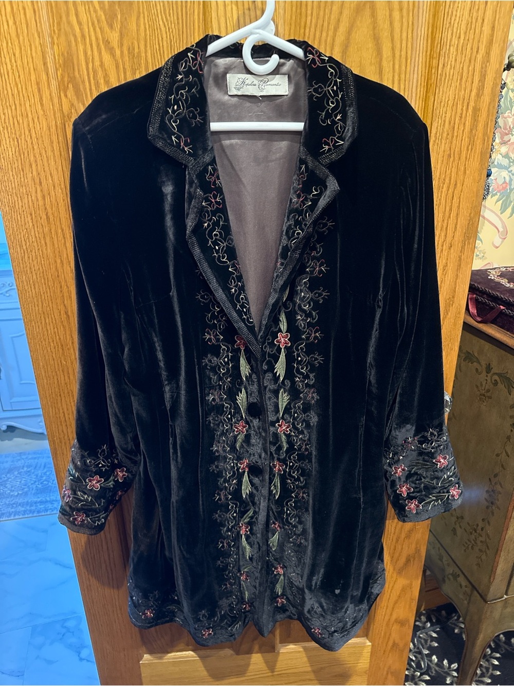 Velvet Embroidered Trench Coat - Black
